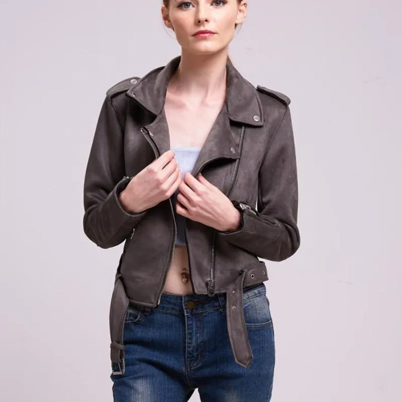 Women autumn winter  Motorcycle Suede coat jacket, black khaki gray (US 4-14)