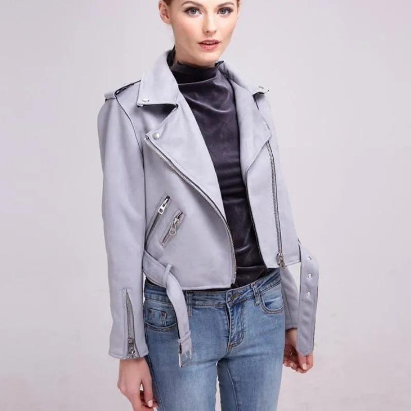 Women autumn winter  Motorcycle Suede coat jacket, black khaki gray (US 4-14)