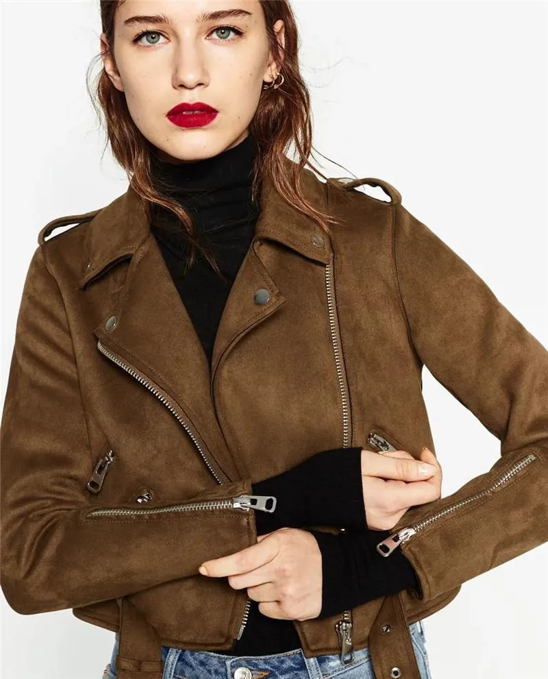 Women autumn winter  Motorcycle Suede coat jacket, black khaki gray (US 4-14)