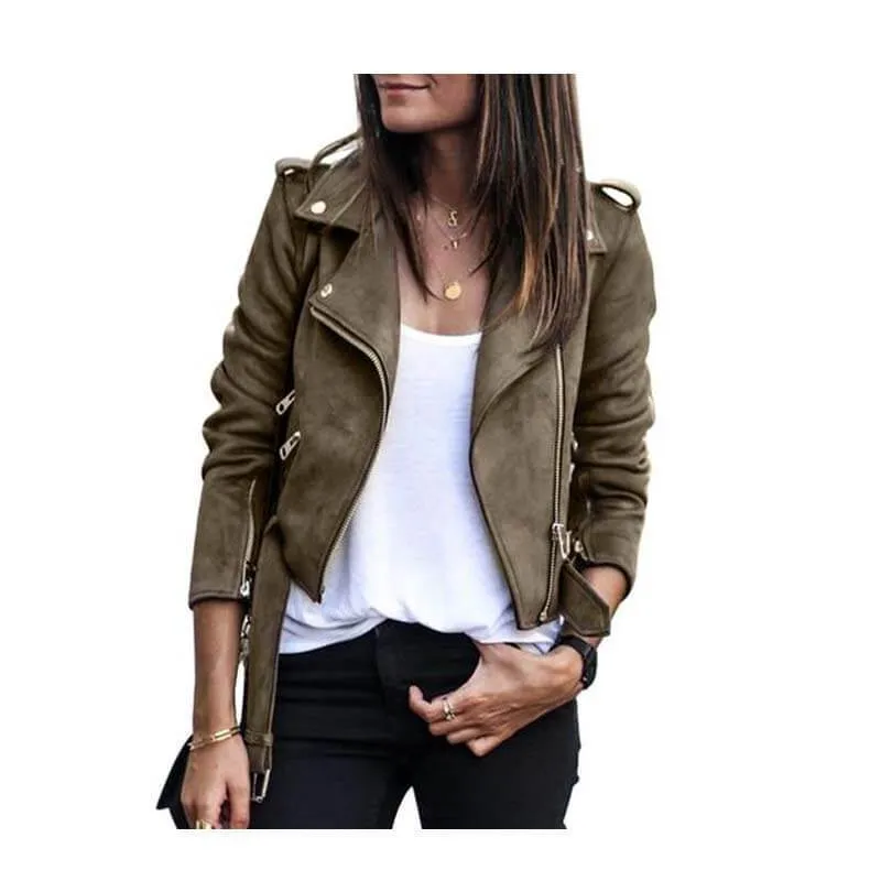 Women autumn winter  Motorcycle Suede coat jacket, black khaki gray (US 4-14)