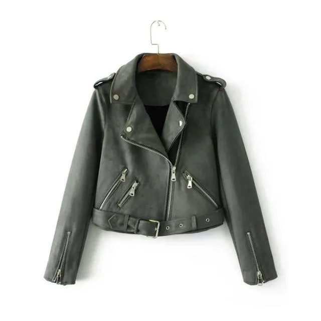 Women autumn winter  Motorcycle Suede coat jacket, black khaki gray (US 4-14)