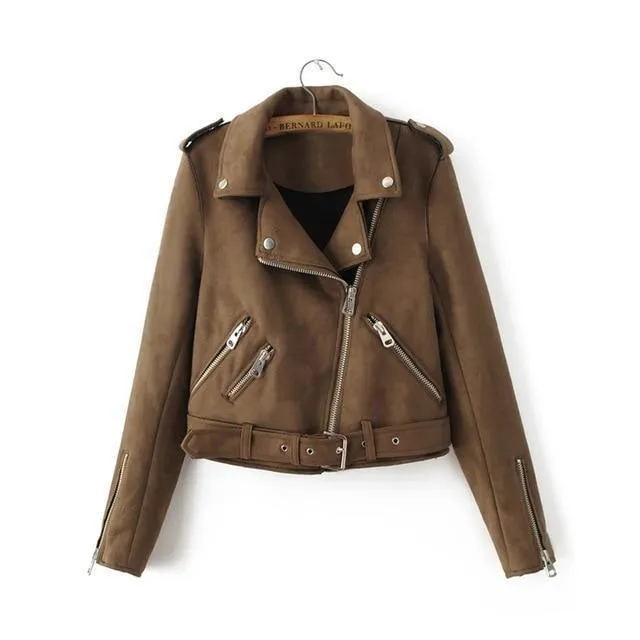 Women autumn winter  Motorcycle Suede coat jacket, black khaki gray (US 4-14)