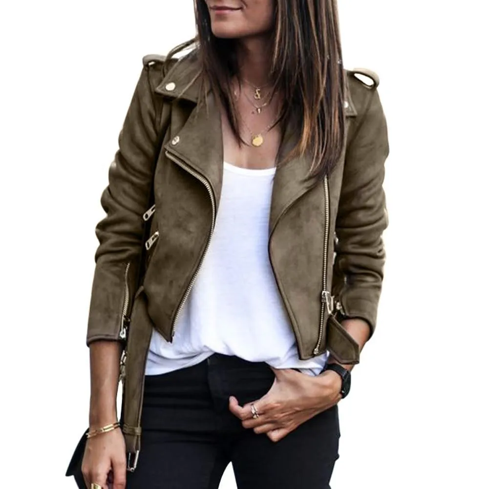 Women autumn winter  Motorcycle Suede coat jacket, black khaki gray (US 4-14)