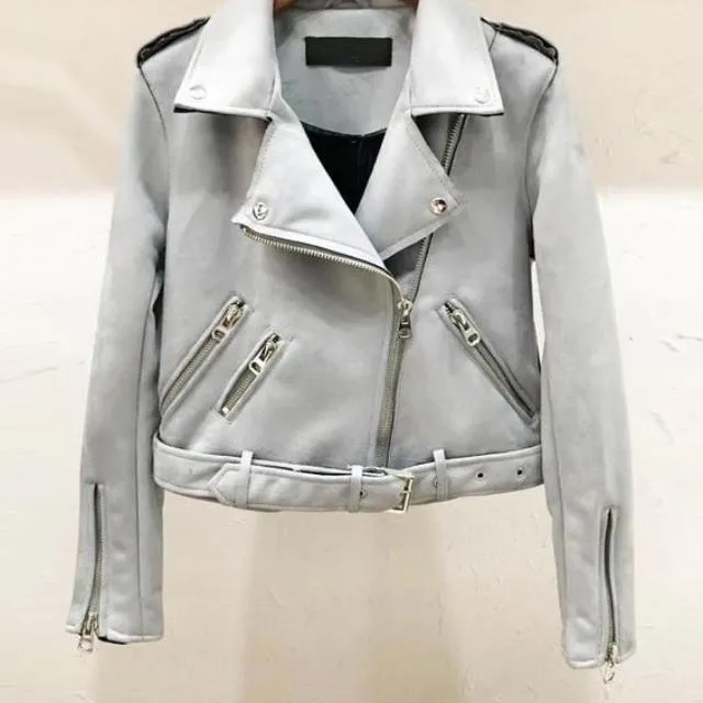 Women autumn winter  Motorcycle Suede coat jacket, black khaki gray (US 4-14)