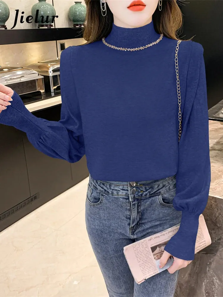 Women Knitted Sweaters Autumn Winter Half Turtleneck Diamond Latern Sleeve Blue Pullovers New Female Elegant Jumper Tops