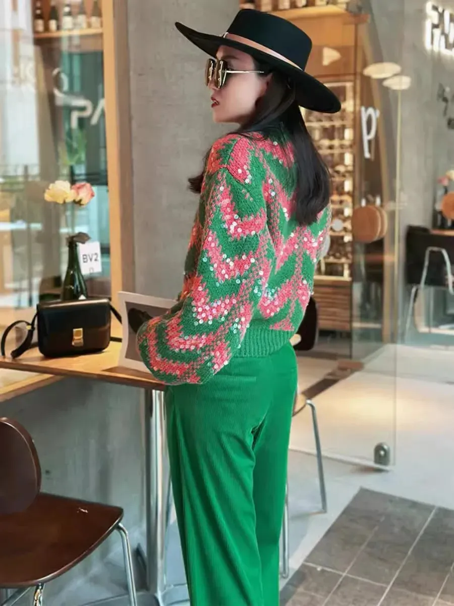 Women Vintage Green Sequins Short Pullover Sweater Fashion Spring Casual Elegant Chic Long Sleeve O Neck Club Party Top C-245