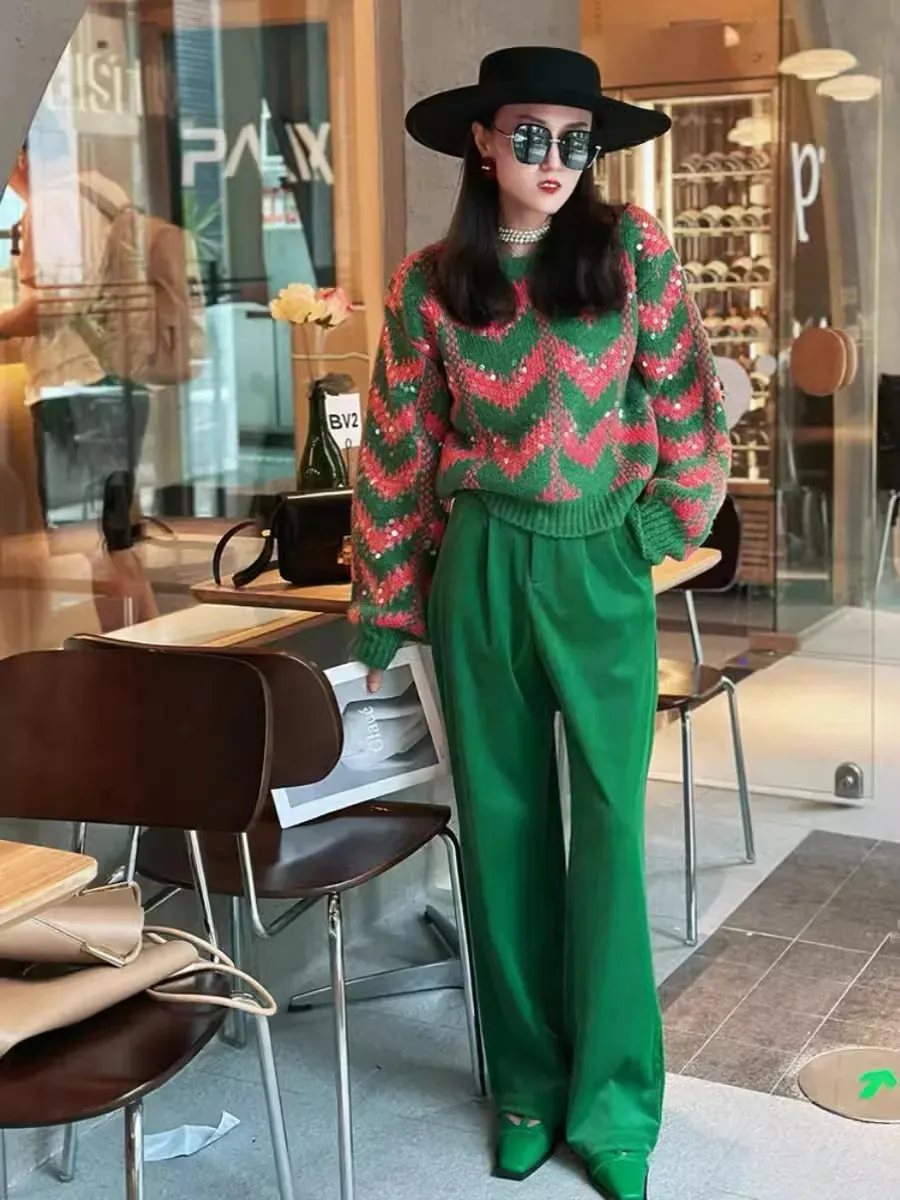 Women Vintage Green Sequins Short Pullover Sweater Fashion Spring Casual Elegant Chic Long Sleeve O Neck Club Party Top C-245