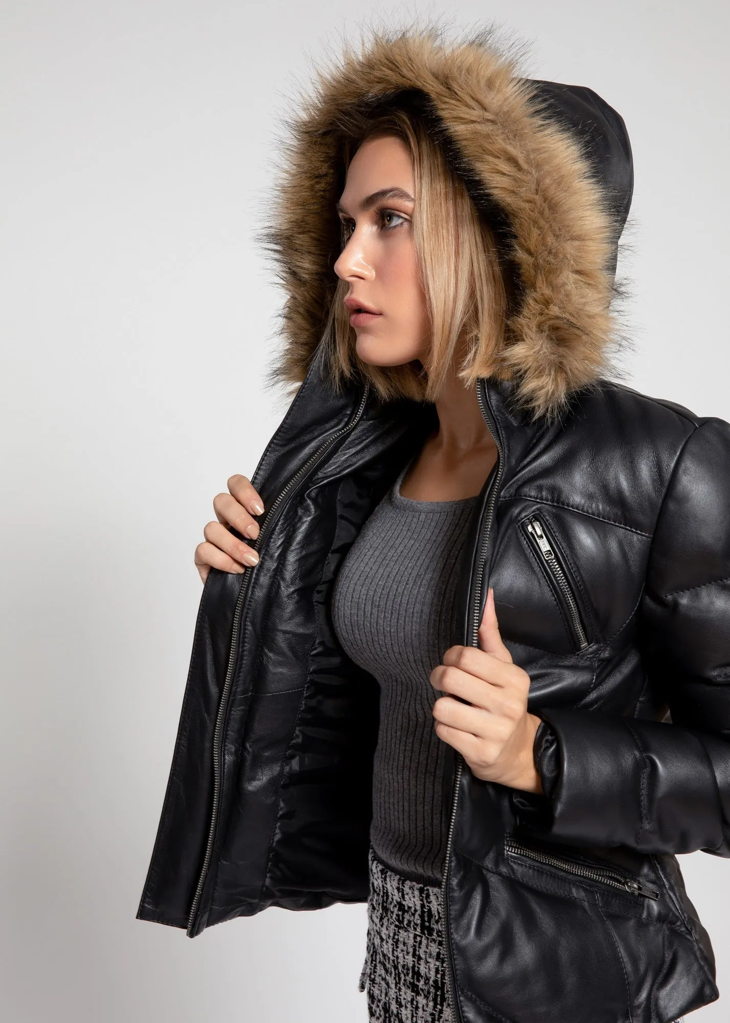 Women's Black Puffer Winter Down Leather Jacket with Fur