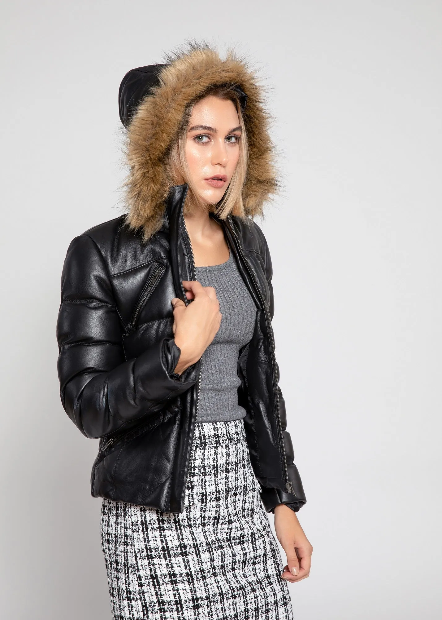 Women's Black Puffer Winter Down Leather Jacket with Fur