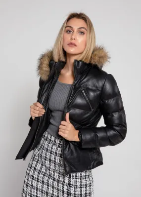 Women's Black Puffer Winter Down Leather Jacket with Fur