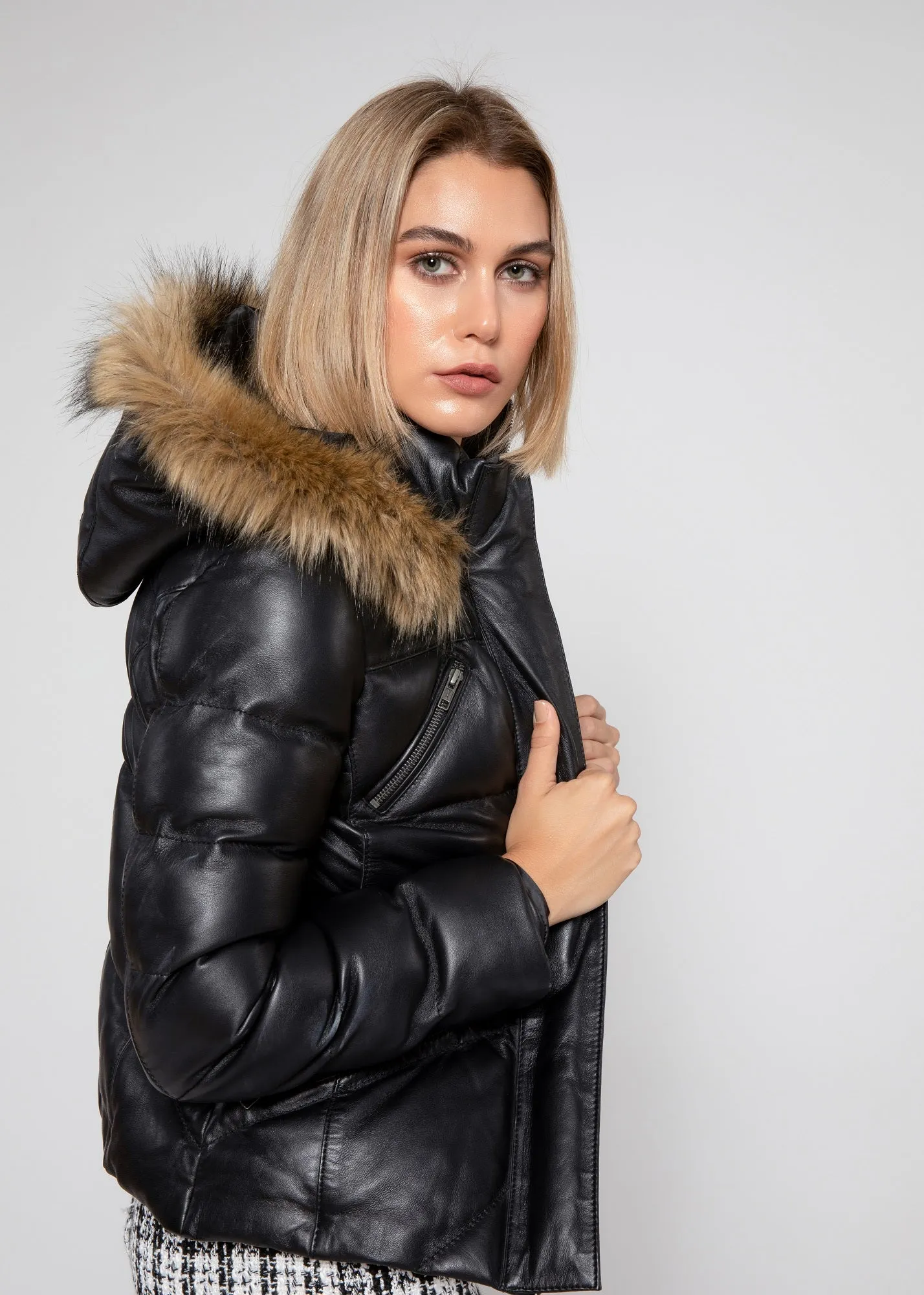 Women's Black Puffer Winter Down Leather Jacket with Fur