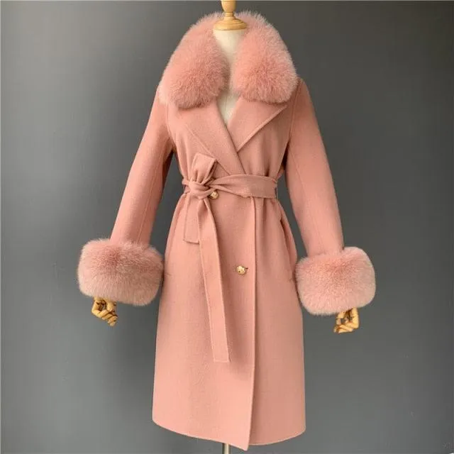 Women's Wool Coat with Spring Real Fox Fur Collar