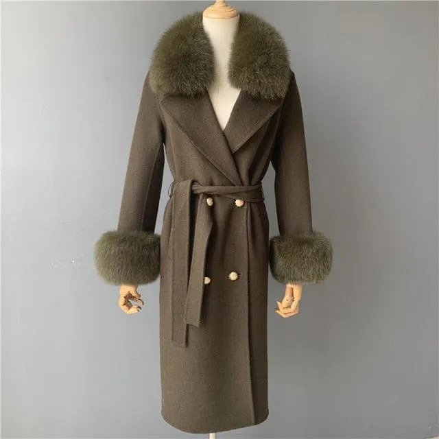 Women's Wool Coat with Spring Real Fox Fur Collar