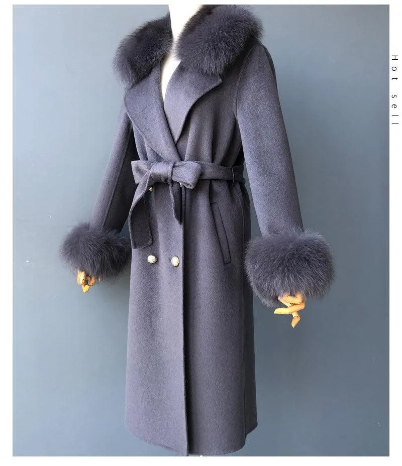 Women's Wool Coat with Spring Real Fox Fur Collar