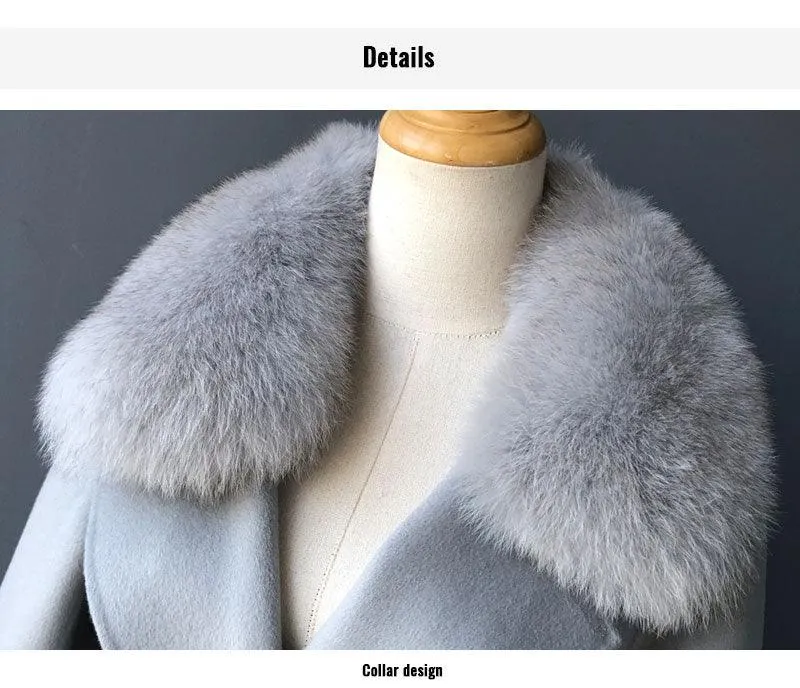 Women's Wool Coat with Spring Real Fox Fur Collar