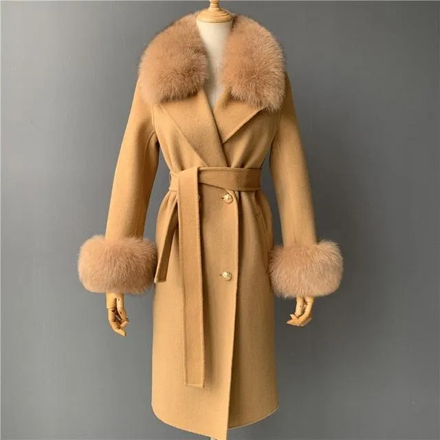 Women's Wool Coat with Spring Real Fox Fur Collar