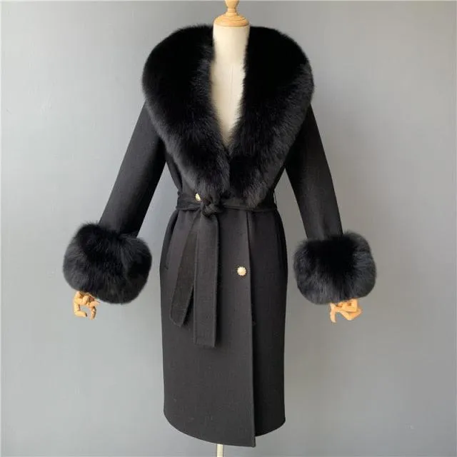 Women's Wool Coat with Spring Real Fox Fur Collar