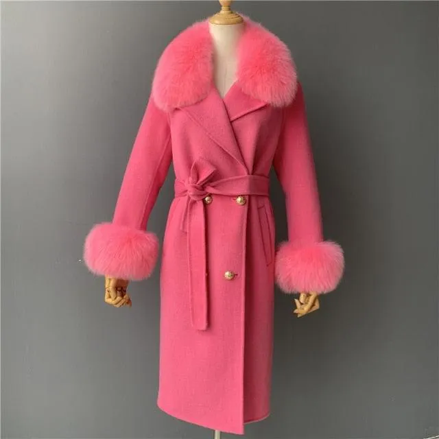 Women's Wool Coat with Spring Real Fox Fur Collar