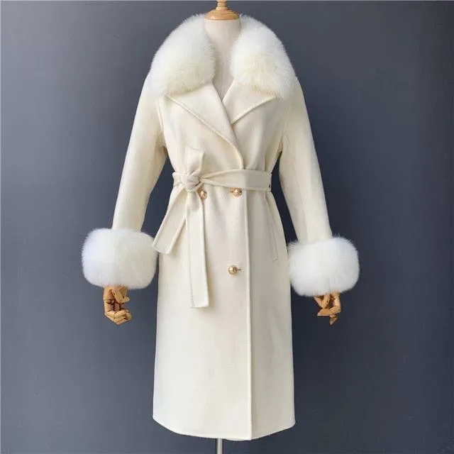 Women's Wool Coat with Spring Real Fox Fur Collar