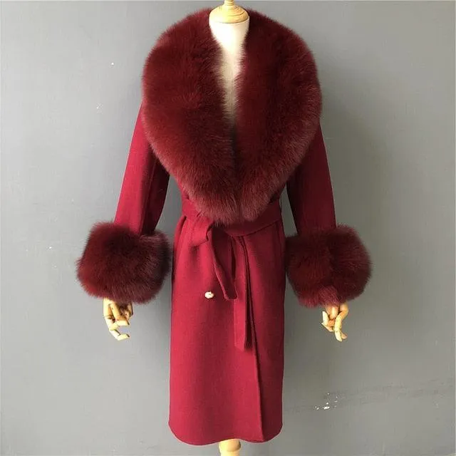 Women's Wool Coat with Spring Real Fox Fur Collar