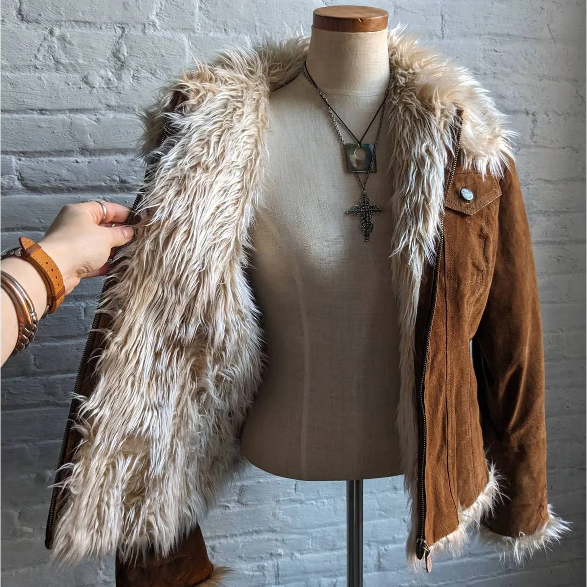 Y2K Vintage Furry Penny Lane Coat Genuine Suede Leather Vegan Fur Shag Jacket